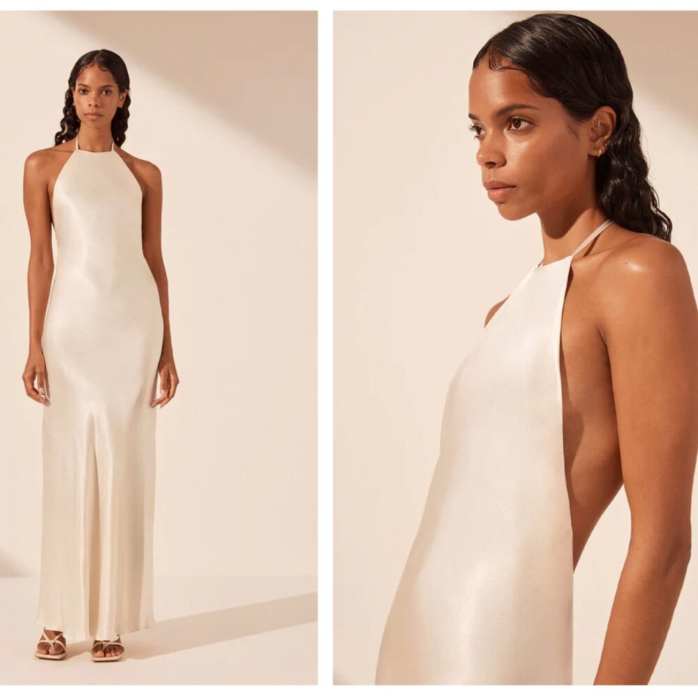 Shona Joy Cream Halter Neck Satin Midi Dress